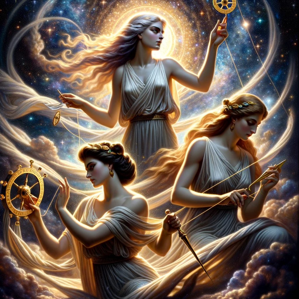  A refined artwork of the three Greek goddesses, the Fates or Moirai, with a cosmic background. The scene portrays Clotho, the Spinner, as a strong