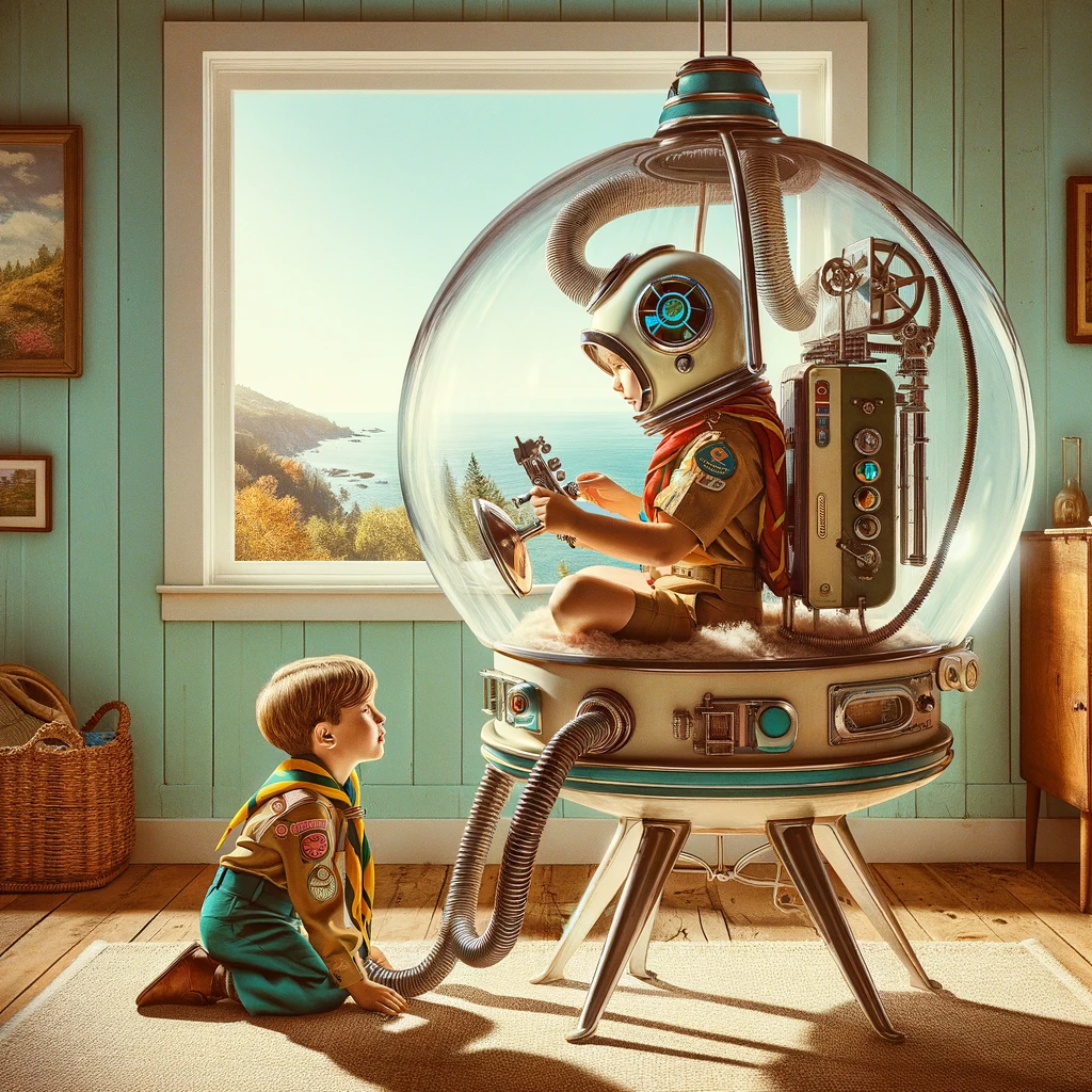 Childhood Wonders: The image capturing two children engaged in imaginative play with a home-made futuristic device.